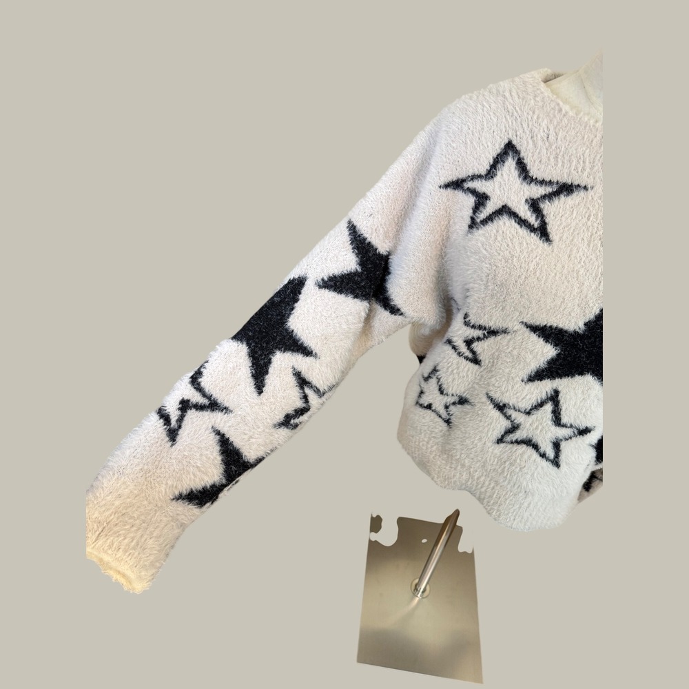 Pilcro Anthropologie Star Eyelash Knit Fuzzy Oversized Sweater Cream Black M - Picture 7 of 7